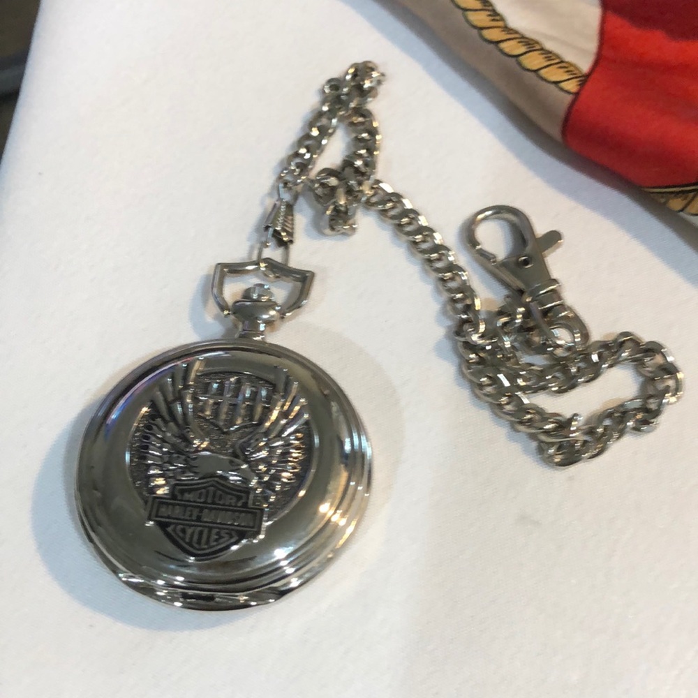 Harley-Davidson Franklin Mint Silver Pocket Watch, preowned NO POUCH NO BATTERY